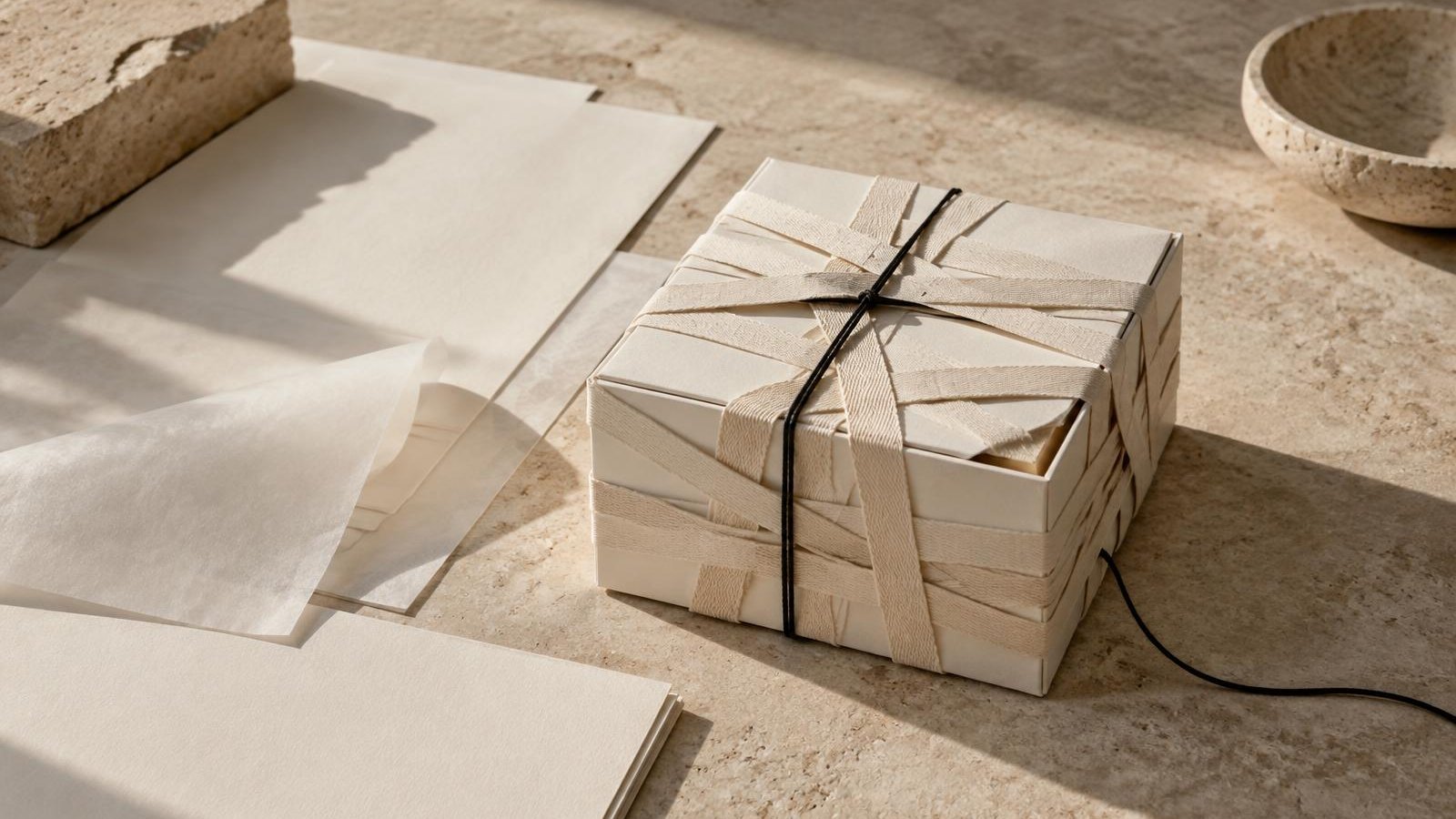 An ivory prototype box held shut by overlapping cotton tape and black cord, beside blank planning papers in warm side light.