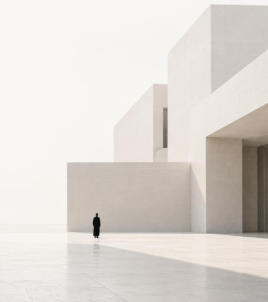 Pale concrete architecture with a single figure in strong daylight