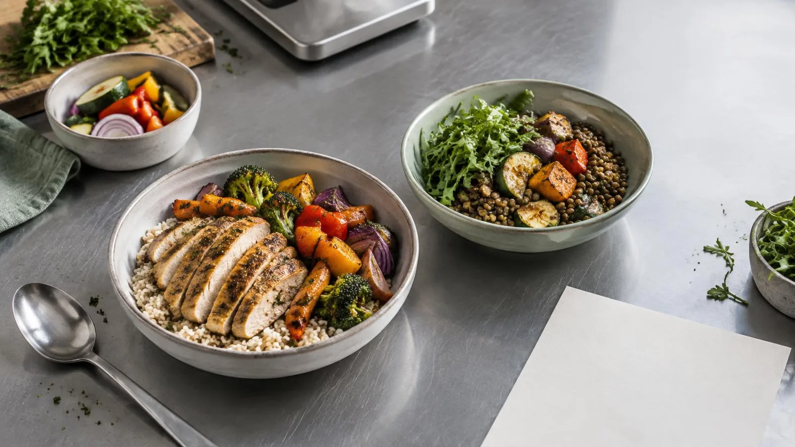 Illustrative meal-preparation scene with chicken and rice, lentils and vegetables, and simple kitchen tools on a steel worktop.