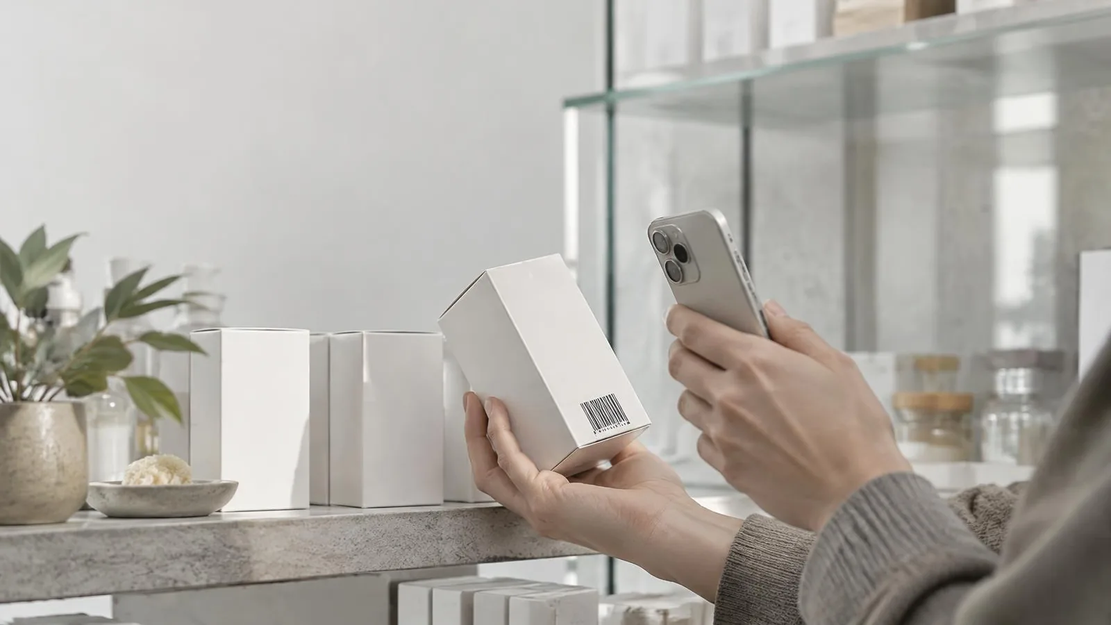 Illustrative scene of hands scanning a barcode on an unbranded carton with a smartphone at a minimalist retail shelf.
